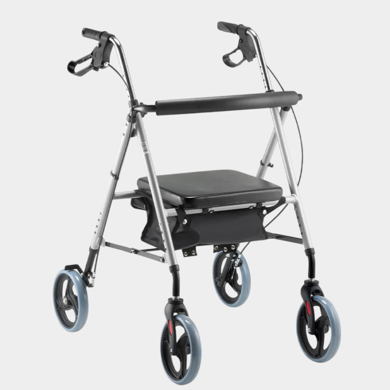 Andador dobrável c/ rodas, assento e cesta